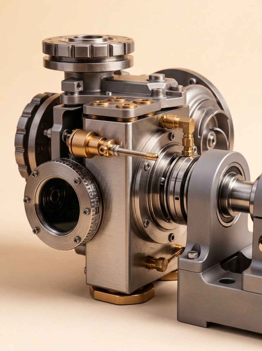 Precision industrial centrifugal pump assembly with brushed stainless steel housing and polished brass fittings